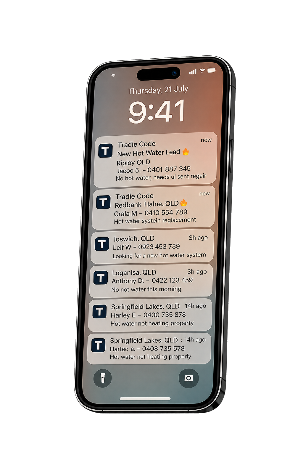 Phone showing a new exclusive customer enquiry arriving from Tradie Code