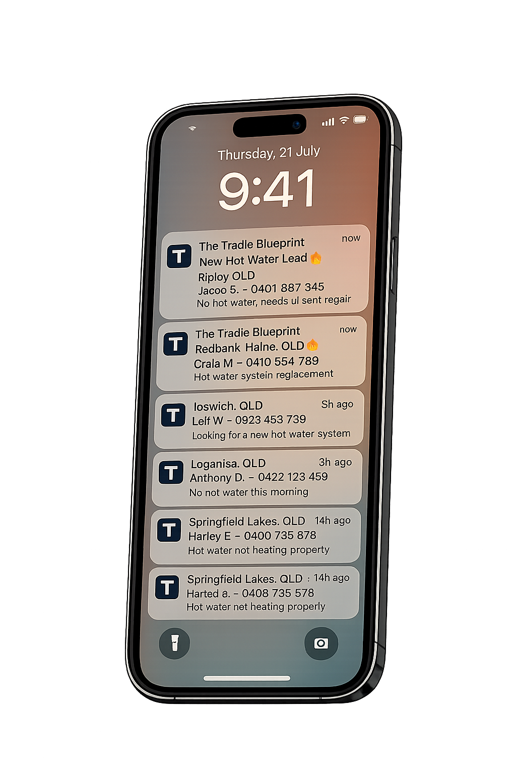 iPhone showing real-time lead notifications from The Tradie Code