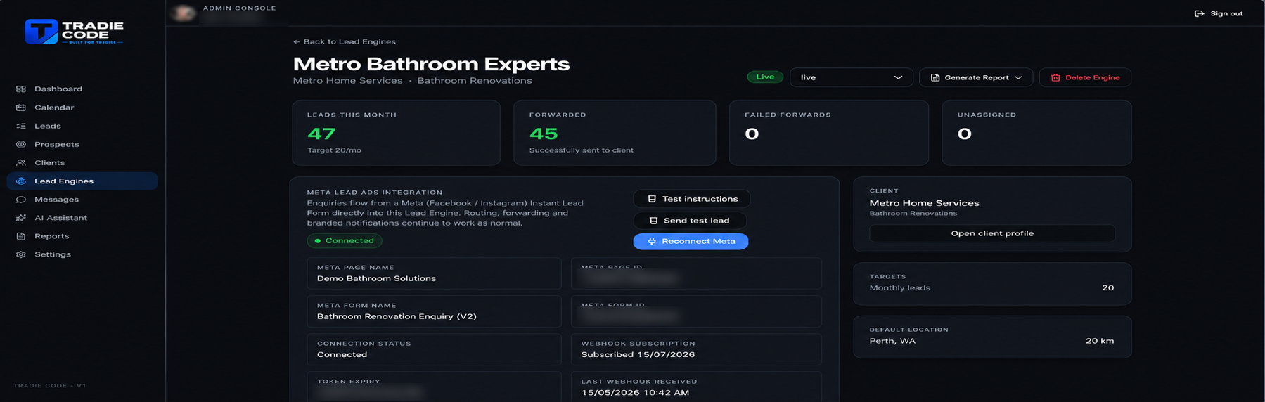 Tradie Code admin console showing a bathroom renovation lead engine, with monthly lead totals, forwarding status and its Meta lead ads integration details.