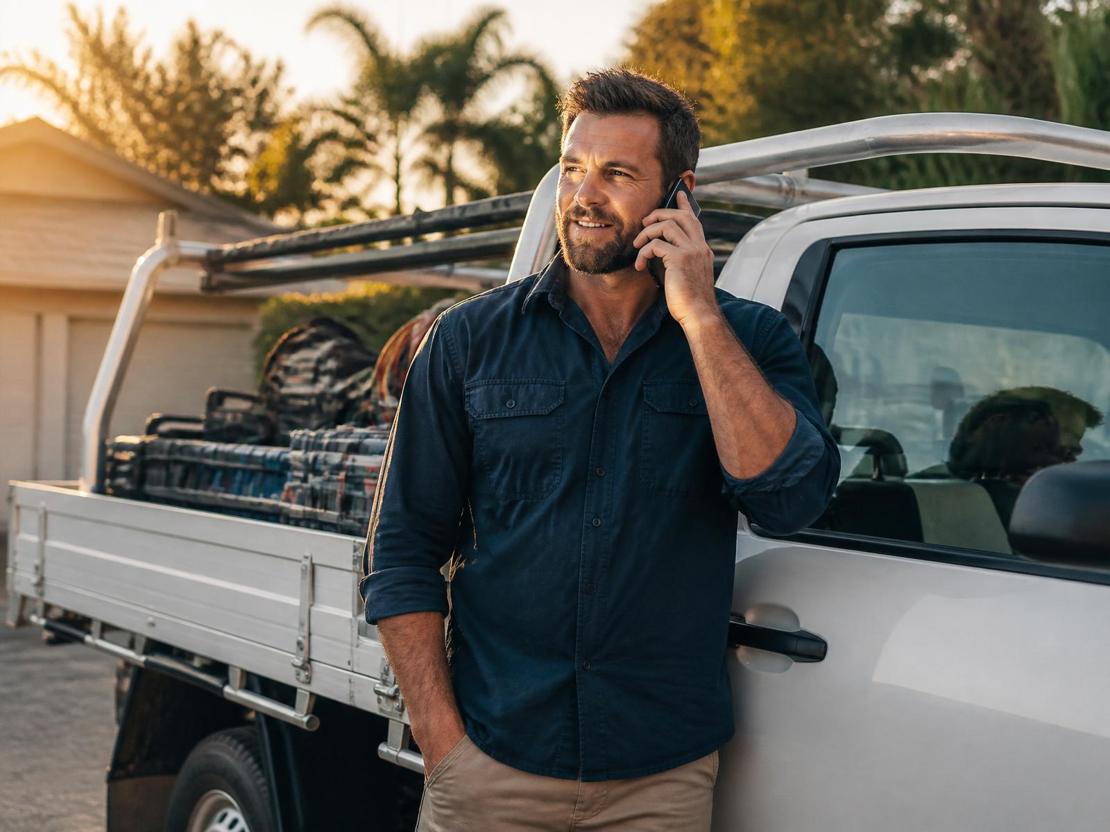 Tradesman answering a customer call beside his ute at golden hour