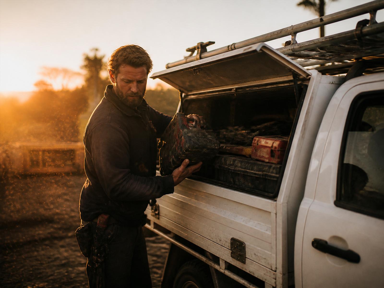 Tradesman loading tools into a ute at sunrise